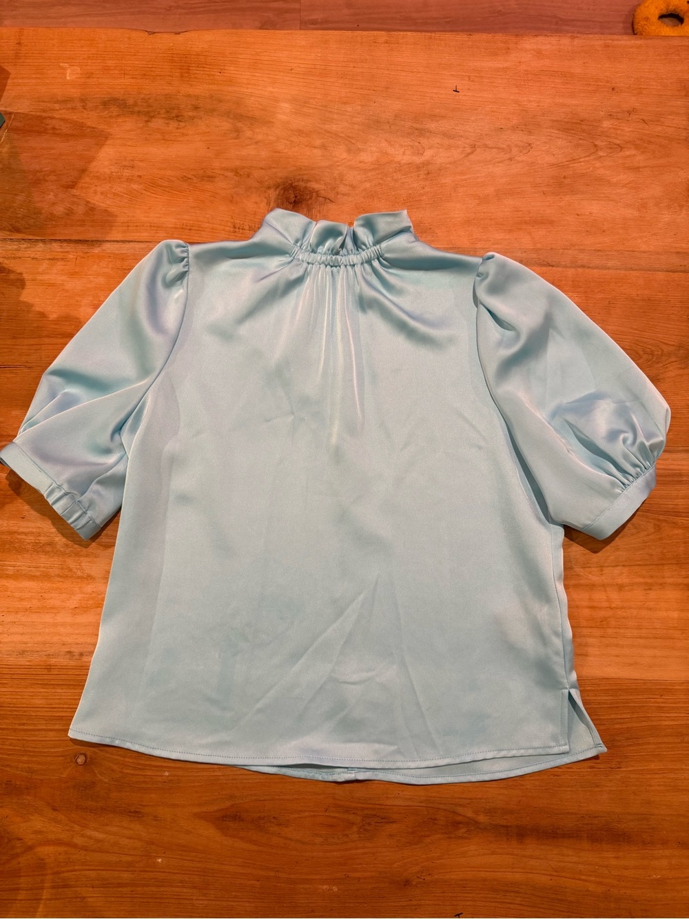 Badgley Mischka Icy Blue Satin Puff Sleeve High Neck Blouse S